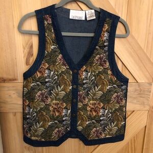 Vintage Casey & Max Tapestry Jean Vest Leaf Pattern Womens S Button Down Cotton